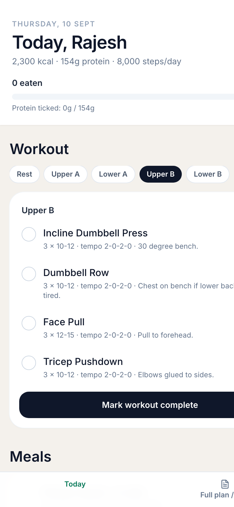 Physique Blueprint Today app — meals and workout on your phone